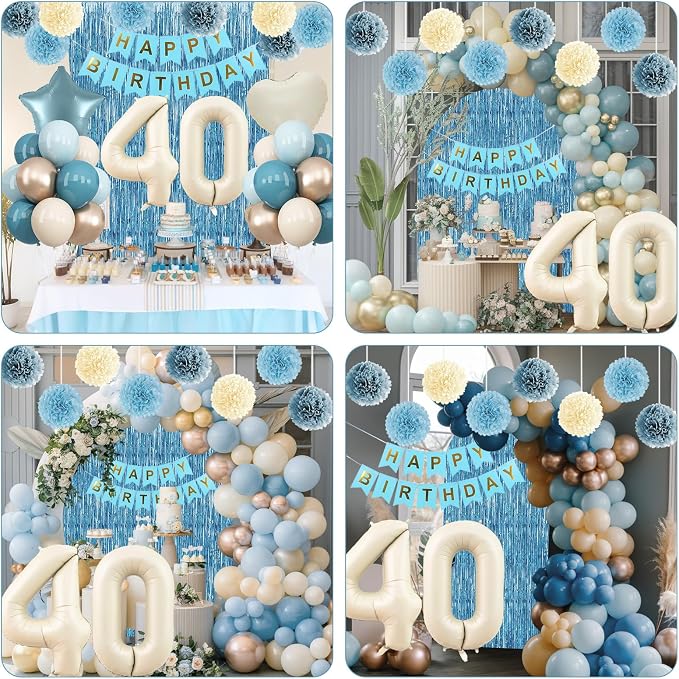 Dusty Blue 40th Birthday Party Decorations for Women Men Beige Cream Number 40 Balloon with Blue Gold Happy Birthday Banner Fringe Curtain Paper Pom Poms Nude White Sand Champagne Star Foil Balloons