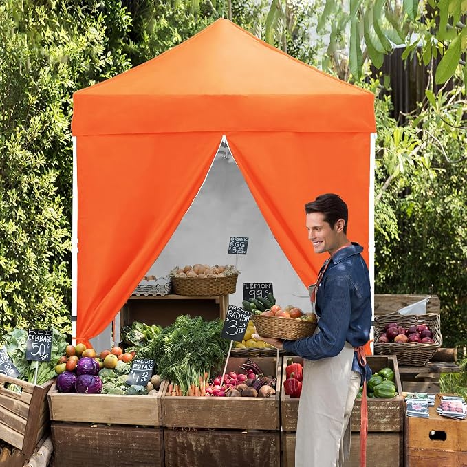 EAGLE PEAK 5x5 Instant Canopy with 4-Side Wall Panels, Small Pop up Portable Canopy Tent with Carry Bag, Light Weight Sun Shelter for Sports, Camping and Beach, Orange