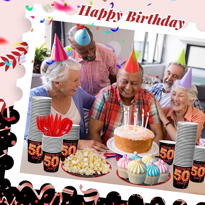 240 Pcs 50th Birthday Decorations 1976 Birthday Party Tableware Include Plates Napkins 9oz Cups Cutlery 50th Anniversary Party Supplies for Men Women Him Her, Serve 30 Guests (Black Red)