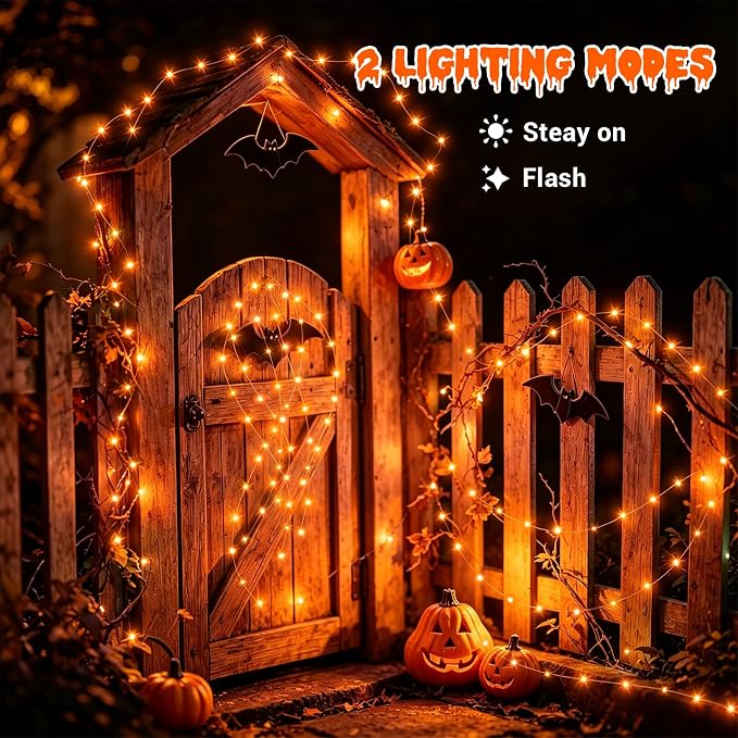 YEGUO Fairy Lights Battery Operated, 4 Packs Each 16ft 50 LED String Lights, 2 Modes Silver Wire Christmas Twinkle Light Indoor for Halloween Bedroom Wedding Party Holiday Gift(Orange)