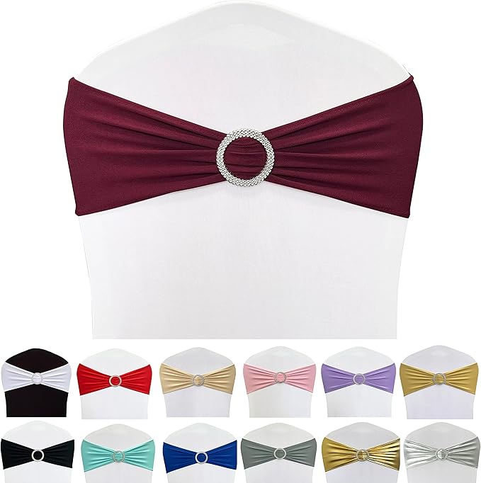 Spandex Chair Sashes Bands 50PCS Stretch Chair Ties Bows with Buckle Slider for Wedding Party Banquet Decoration (Burgundy)…