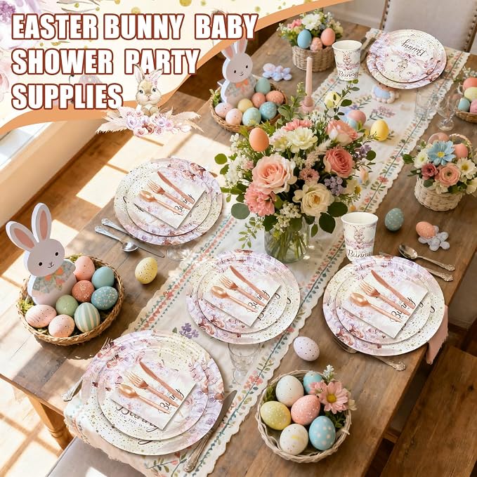 168 Pcs Bunny Baby Shower Decorations A Little Bunny Is on The Way Baby Shower Party Supplies Pink Easter Rabbit Disposable Tableware Set Serve 24