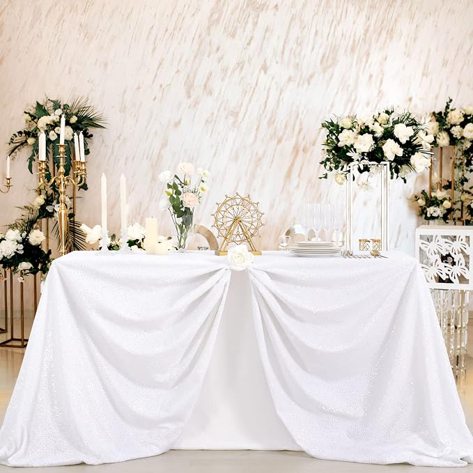 B-COOL White Sequins Tablecloth 60x102 Inches Seamless Reversible Sequin Fabric Sequin Fabric for Table Overlays Wedding Thanksgiving Family Gathering