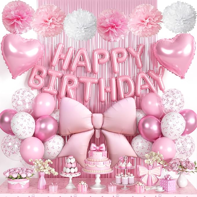 Pink Bow Birthday Decorations for Women Girls, Happy Birthday Balloon Banner with Bow and Heart Foil Balloons Fringe Curtain Tissue Paper Pompoms Garland Party Supplies