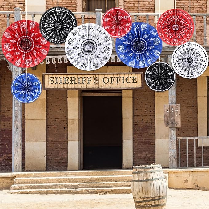 Outus 9 Pcs Western Party Decorations Paper Fans Wild West Bandana Hanging Paper Fans Ceiling Wall Garland for Western Cowboy Themed Party Decorations (Red/Blue/White/Black)
