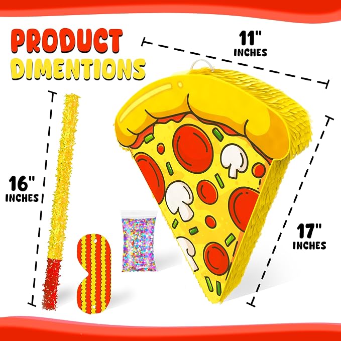 Jergrim Pizza Piñata 4 Piece Set With Stick And Blindfold For Birthday Party Favors Ninja Theme Birthday, School Pizza Party, Small Funny Piñata For Games & Decorations