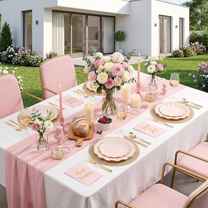 U-QE 150PCS Pink Plastic Plates for Party, Heavy Duty Pink Disposable Plates, Gold Dinnerware Set Include 30 Dinner Plates,30 Dessert Plates,30 Gold Plastic Silverware Set for Mothers Day, Party