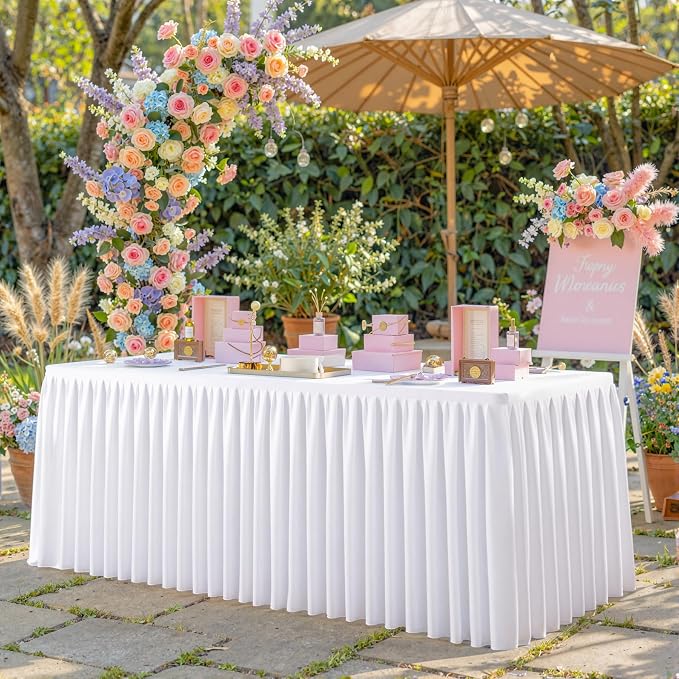 White Polyester Table Cloths for Rectangle 6 Foot Tables, 6 Pack Wrinkle Free Tablecloths Stretchy Banquet Ruffle Fitted Table Cover Desk Skirt for Parties Wedding Birthday Baby Shower