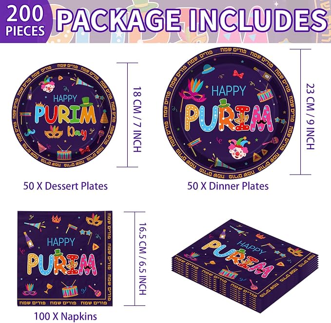 200Pcs Happy Purim Party Decoration Jewish Purim Plates and Napkins Circus Clown Hat Elements Disposable Paper Tableware Set for Jewish Carnival Holiday Festival Party Supplies Serves 50
