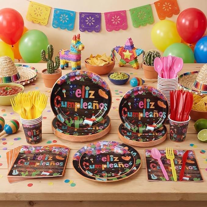 168 Pcs Mexican Birthday Party Supplies Fiesta Party Supplies Cinco De Mayo Taco Plates and Napkins Mexican Birthday Tableware Sets Serves 24