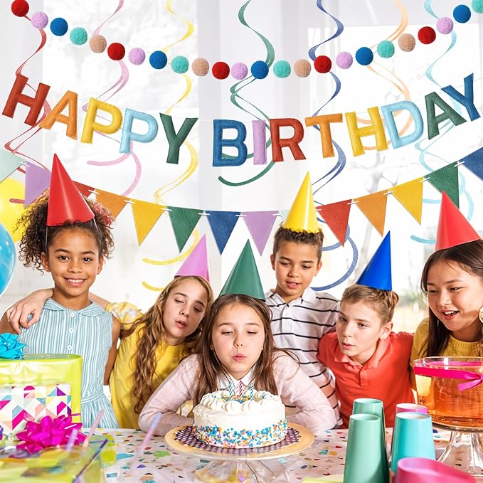 Kriyokiaa Pre-Strung Felt Happy Birthday Banner Retro Boho Rainbow Happy Birthday Party Decorations with Pom Pom Garland, Flag and Hanging Swrils for Women Men Boys Girls Party Decor