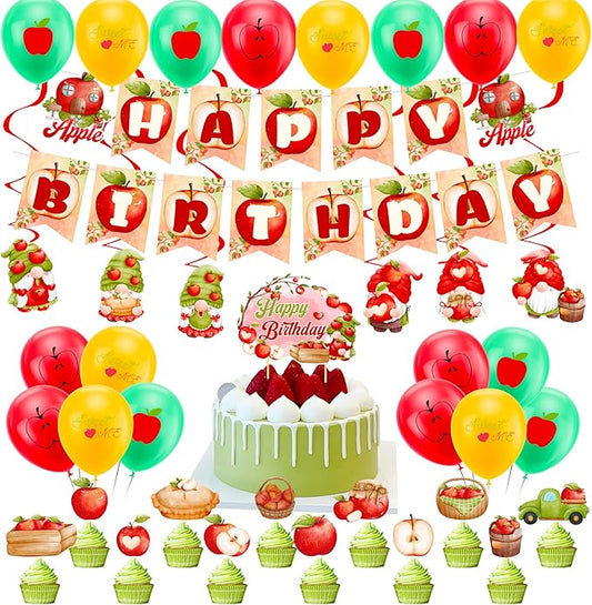 38Pcs Apple Theme Birthday Party Supplies and Decorations Apple Happy Birthday Banner,Latex Balloon, Cupcake Toppers, Set Fruit Birthday Party Supplies for Kids Family