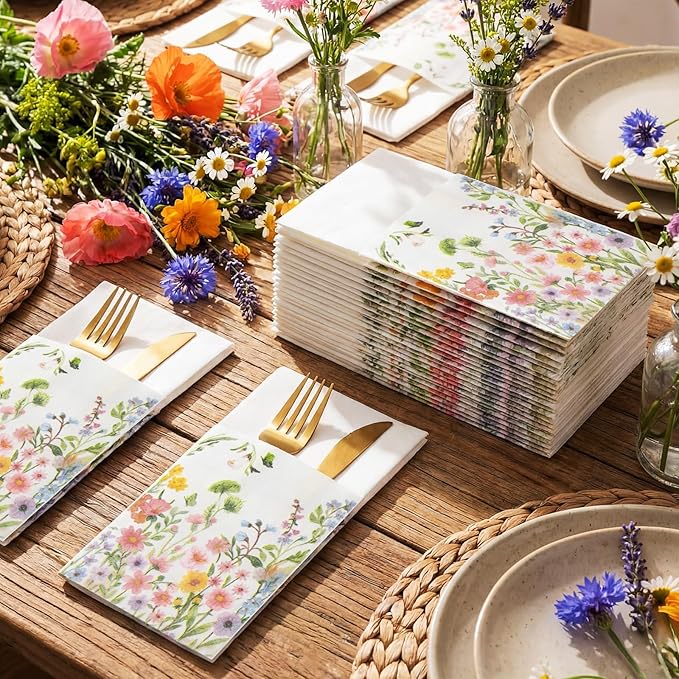 Potchen 100 Linen Feel Napkins Disposable Cloth Like Napkins Prefolded Hand Towel with Built-in Flatware Pocket Cocktail Hand Towel for Wedding Bridal Shower Supplies(100 Pcs,Wildflower)