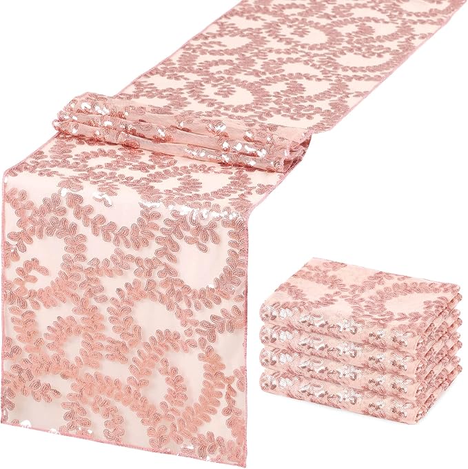 Sequin Table Runners 5 Pieces Rose Gold Flower Table Runners 12x72 Inch Glitter Dining Table Cover for Party Wedding Birthday Reception Banquet Decoration Spring Party Chair Sashes