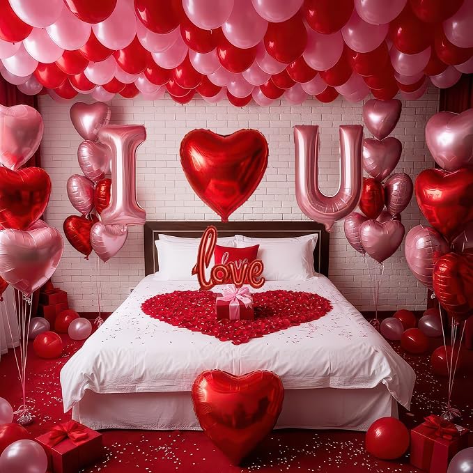 I Love You Balloons Red and pink romantic balloon kit with and pink heart Red LOVE mylar balloons Red rose petals for hotel Decorations Valentines Party wedding anniversary supplies