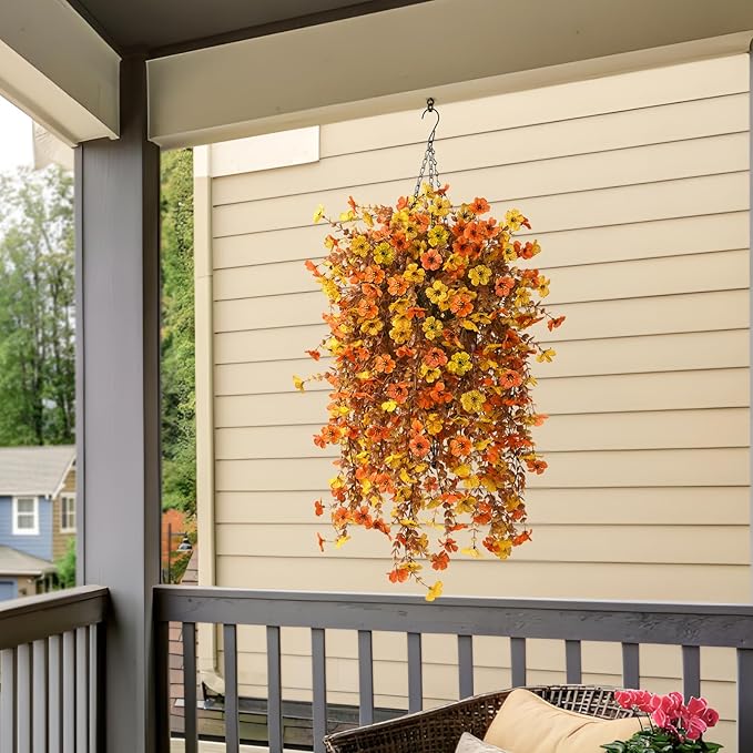 Homsunny Fall Artificial Fake Mums Hanging Flowers Plants Basket for Outdoor Autumn Decoration, Fake Silk Orange Planters UV Resistant Look Real for Home Patio Balcony Yard Porch Decor(Yellow Orange)