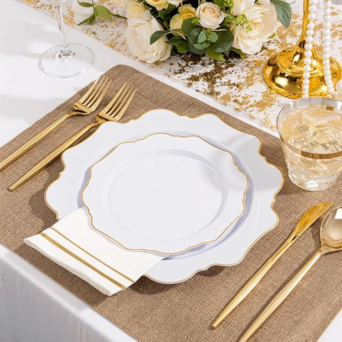 WDF 175Pcs Gold Plates Disposable - White and Gold Plastic Plates 25guest Plastic Dinnerware Ideal for Party/Wedding/First Communion/Spring