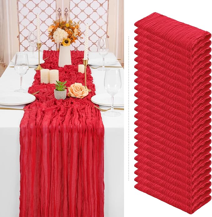 24 Pack Christmas Table Runner 10FT Red Cheesecloth Table Runner 35 x 120 Inch Long Semi-Sheer Gauze Fabric Boho or Rustic Wedding Table Decor for Bridal Shower Baby Shower Holiday Party