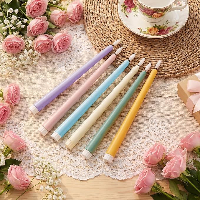 Macarrie 24 Packs Flameless Taper Candles Battery Operated Fake 11 Inch Long Candlelight LED Flameless Candlesticks Flickering Tapered for Summer Fall Wedding(Spring Wedding)