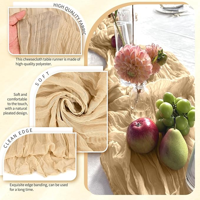 1 Pack Cheesecloth Table Runner 10FT Nude Table Runner Boho Gauze Cheese Cloth Table Runners Long Rustic Sheer Table Decorations for Wedding Party Baby Bridal Shower Birthday Holiday Home