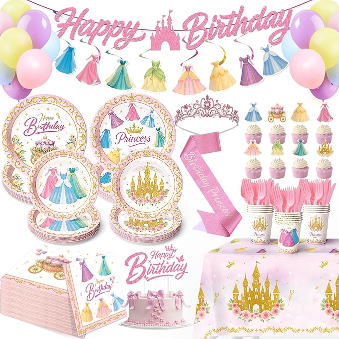 Princess Birthday Party Decorations – 199 PCS Princess Party Supplies for 24 Guests, Includes Plates, Cups, Napkins, Tablecloth, Castle Banner, Balloons, Cupcake Toppers, Tiara & Sash