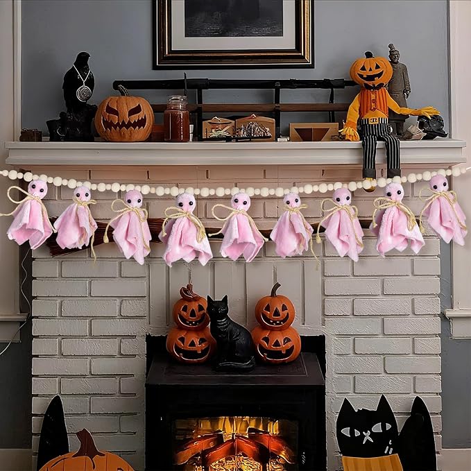 8.5Ft Pink Halloween Ghost Garland with Wooden Beads, Handmade Ghost Banner for Spooky & Cozy Home, Indoor Halloween Decor for Fireplace