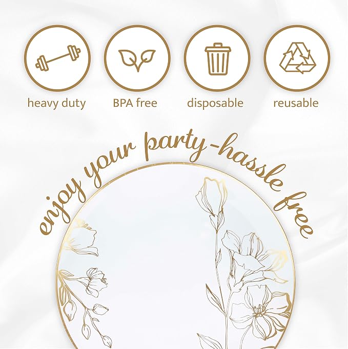 [10'' Plates 40 Count] White Plastic Floral Design Party Dinner Plates With Gold Rim Premium heavyweight Elegant Disposable Tableware Dishes