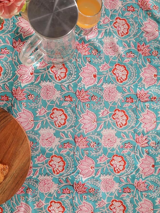Hand Block Printed Tablecloth, Colorful Floral Print, Indian Artisan Handmade Art, Dining Room, Kitchen, Outdoor Décor, (Green Delight, 12 Seater 72 x 135 Inches Rectangle)