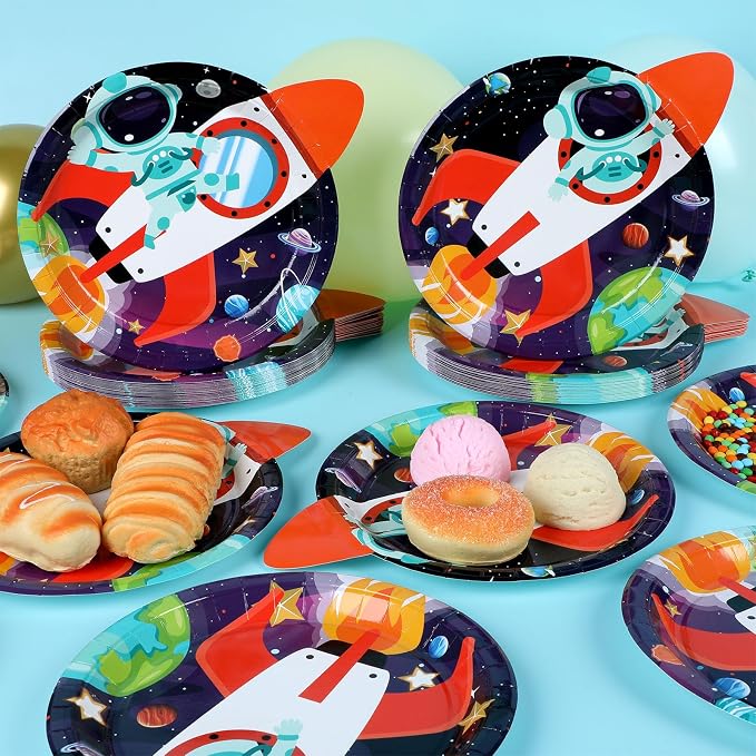 OBUSATT 60 PCS Rocket Ship Paper Plates 9In Outer Space Birthday Party Supplies Astronaut Galaxy Planet Tableware Decoration Space Theme Disposable Dinnerware for Kids Baby Shower Birthday Party Favor