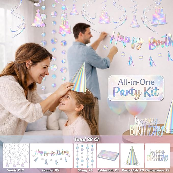 HonuGoGo 28-Piece Iridescent Birthday Party Decoration Kit – Happy Birthday Banner, Hanging Swirls, Garlands, Table Centerpiece, Tablecloth & Cone Hats for a Shimmering, Photo-Ready Celebration