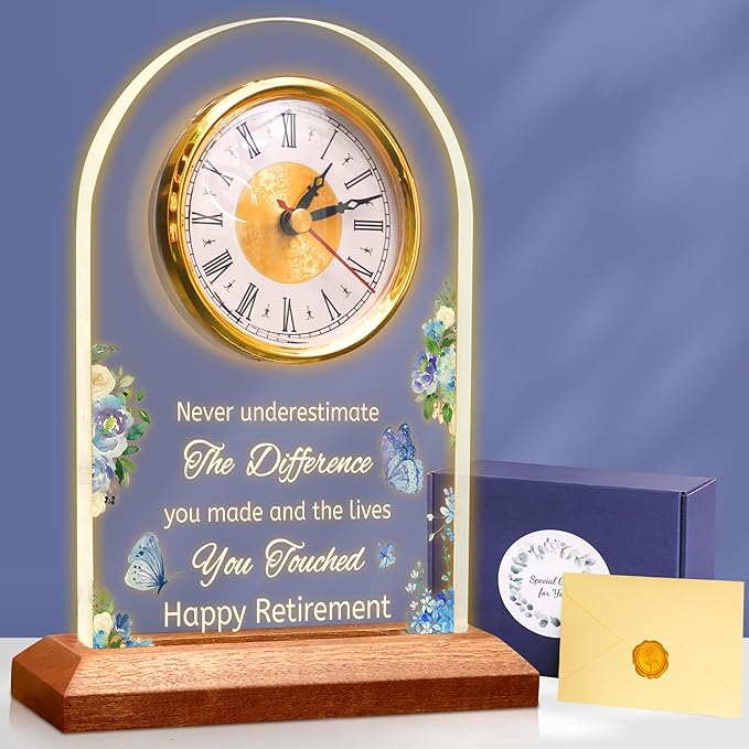 Light Up Quartz Clock Retirement Gifts for Women Men,Retirement Quartz Desk Clock with LED Wooden Base, Coworker Gifts Going Away Gift Congratulations Retired Gifts for Boss Friends Teacher Doctor