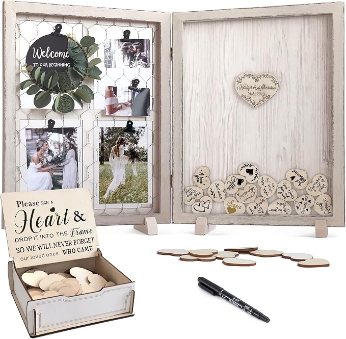 Wedding Guest Book Alternative, Rustic Wedding Decorations for Reception, Favors for Guests 80 Hearts Green Wreath (Light Beige)