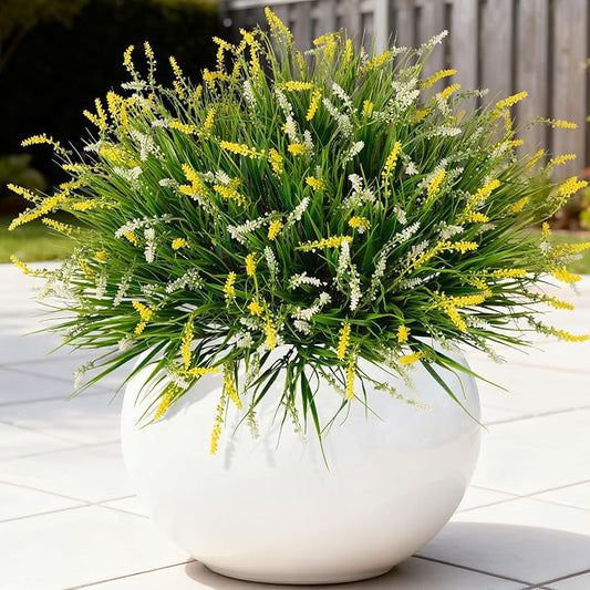 Ammyoo Artificial Faux Plants for Outdoor Spring Decoration, 12 Pcs Fake Monkey Grass for Garden Porch Balcony Planters, Fake Flowers Shrubs UV Resistant No Fade Plants Greenery Bush(Yellow White)