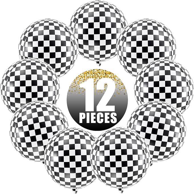 KatchOn, Black and White Checkered Balloons - 22 Inch, Pack of 12 | Racing Balloons, Race Car Balloons for Race Car Birthday Party Decorations | Racing Party Decoration | Emo Party Decor