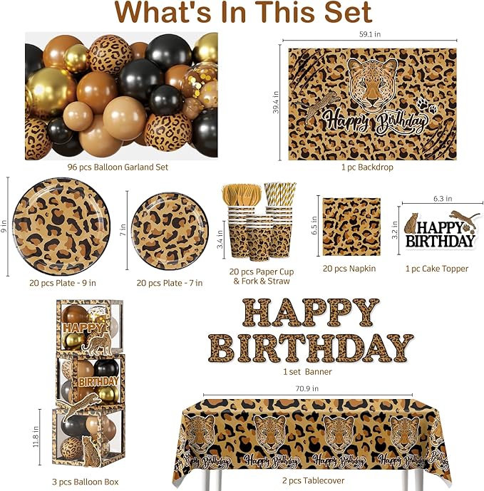 224 Pcs Cheetah Print Birthday Decorations,Cheetah Birthday Balloons Cake Plates and Napkins Set Decorations Leopard Print Backdrop Decorations for Party