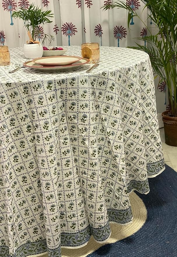 Ridhi Round Tablecloth Hand Block Print 100% Cotton Reusable Indian Light Blue 60 Inch Table Cover Decorative Everyday Use for Dining, Home, Party, Wedding, Farmhouse Gift for Spring, Mother's Day