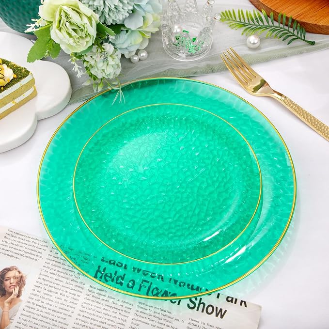 Hioasis 60pcs Green Plastic Plates - Gold Rimmed Disposable, Hammered, Heavy-duty Dinnerware Set Suitable for 30 Guests, 10.25" Dinner & 7.5" Dessert Plates for Party & Wedding