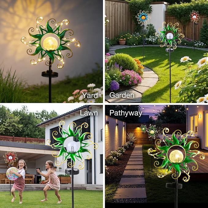 Solar Garden Lights Outdoor, Green Metal Sun Stake with 30 LED Waterproof Vine String Crackle Glass Spring Decor for Patio,Yardr,Lawn Gardening Birthday Gifts