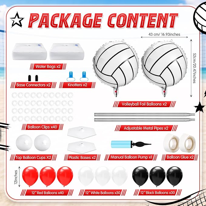Kasyat 2 Sets Volleyball Balloon Column Stand Kit Red Black White Volleyball Sports Balloons Adjustable Balloon Arch Stands for Senior Night Decorations Birthday Supplies