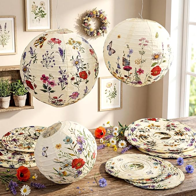 Baquler 12 Pcs Spring Wildflower Paper Lanterns Party Decorations Vintage Floral Hanging Lanterns 3 Styles for Baby in Bloom Baby Shower Wedding Garden Tea Summer Home Indoor Outdoor Party Decor