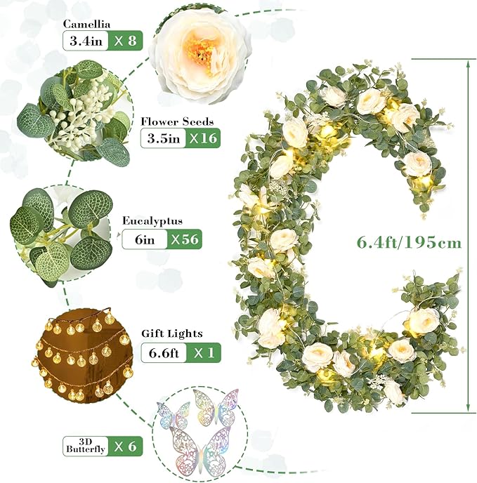 Yastouay 2 Pcs 13.1 Ft Fuller Flower Garland with Light Butterfly, Artificial Eucalyptus Garland with Champagne Flowers Fake Rose Camellia Vine for Table Centerpiece Wedding Arch Room Decor
