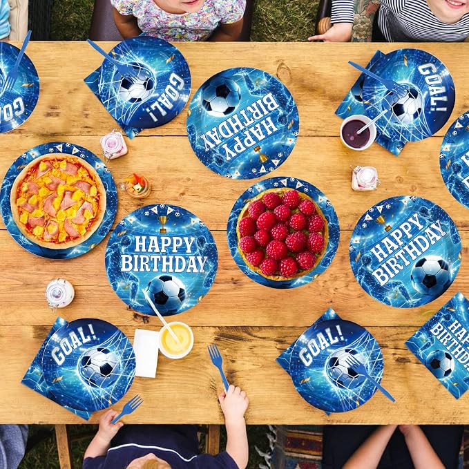 96Pcs Soccer Birthday Party Supplies Blue Soccer Plates and Napkins Sports Theme Tableware Set for Men Boys Sports Birthday Party Supplies, Serves 24