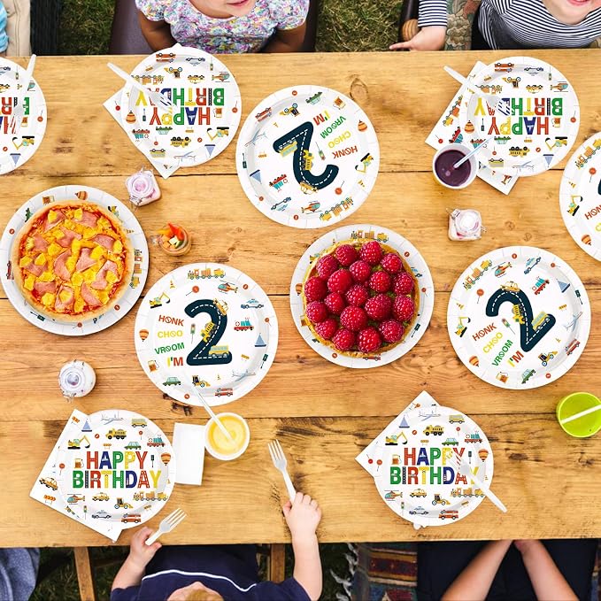 96Pcs 2nd Birthday Cars Party Supplies Transportation Theme Birthday Plates and Napkins Car Train Plane Sailboat Tableware Set for 2 Years Old Boy Vehicle Traffic Party Decorations Serves 24