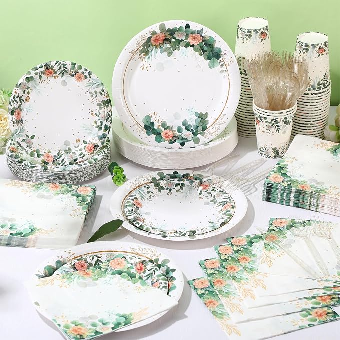 400 Pcs Sage Green Color Party Supplies Serve 50 Guests Eucalyptus Flowers Disposable Paper Plates Napkins and Cups for Bridal Baby Shower Birthday Wedding Party Decorations(Green,Elegant)