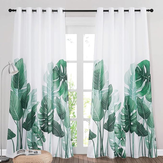 RYB HOME Waterproof Curtains for Bedroom Privacy Protect Tropical Palm Leaves Pattern on White Backdrops for Patio Door Living Room Dining Home Office Indoor Outdoor Decor, 2 Panels, W 70 x L 108