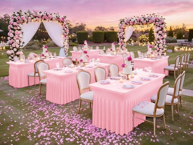 fani 2 Packs Pink Stretch Table Skirts for 6 Foot Rectangle Table, Washable Spandex Stretch Tablecloths with Skirt, Wrinkle Resistant Fitted Tablecover for Wedding Party Banquet