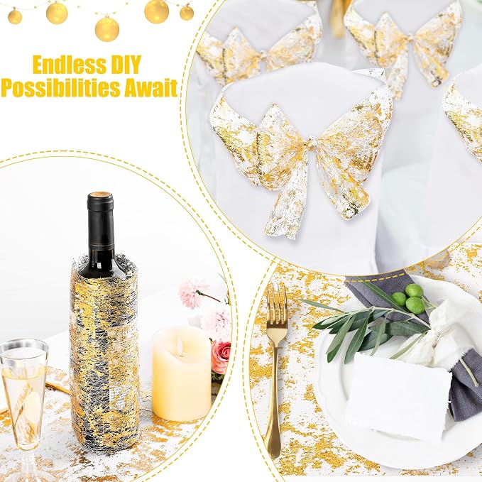 Aneco 12 Pieces Metallic Glitter Table Runner 84 x 11 Inches Gold Glitter Mesh Table Runners Sparkle Rectangle Runner Roll Decorations for Wedding Baby Shower Birthday, DIY Home Decor