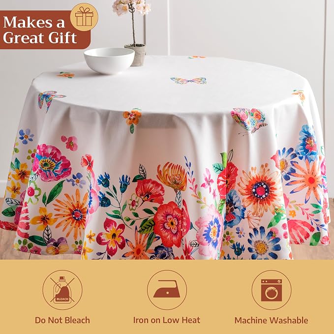 Maison d' Hermine Table Cloth Round Table 100% Cotton 63 Round Inches Tablecloth Reusable Decorative for Dining Kitchen Room Farmhouse Party Hotel Restaurant Spring Summer- Happy Florals - High Summer