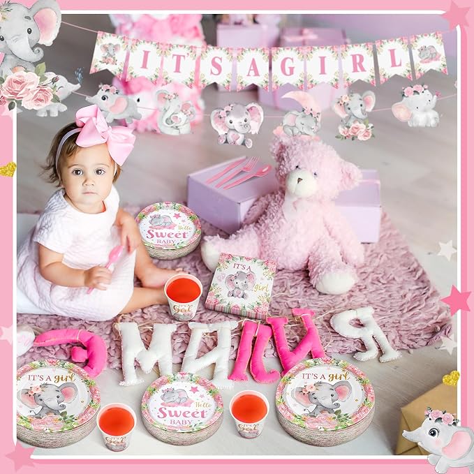 405 Pcs Pink Elephant Style Baby Shower Decorations for Girl, It's a Girl Tableware Set Baby Shower Plates Napkins Cup Cutlery, Pink Elephant Party Supplies with Tablecloth, Serves 50 Guests