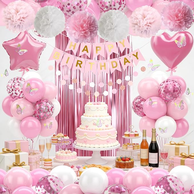 Pink White Birthday Party Decorations 12INCH Light Pastel Pink Confetti Balloons Happy Birthday Banner Cake Topper Fringe Curtain Paper Pom Poms Butterfly Sticker 18INCH Heart Star Foil Girls Women